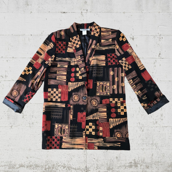 90s Vintage Black Tan Single Breasted Wearable Art Blazer Jacket Size Small - Picture 1 of 6